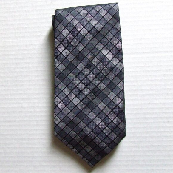 Calvin Klein tie silver gray square pattern silk necktie shades grey metallic - Picture 1 of 10